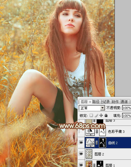 Photoshop将坐草地的美女增加上秋季橙色调