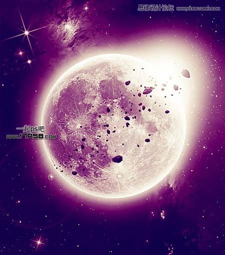 Photoshop设计制作紫色星球陨石围绕地球飞行壁纸”