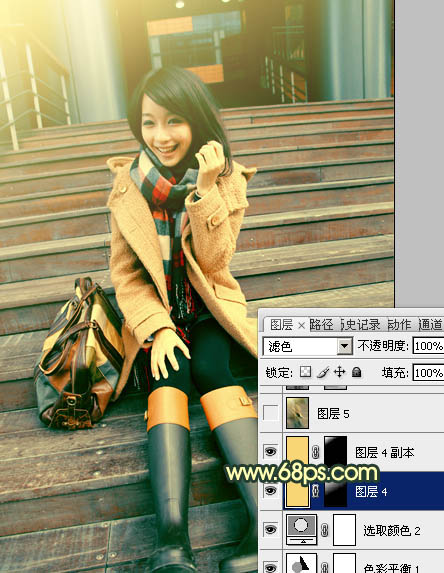 Photoshop为阶梯上的美女加上柔和的暗调橙青色效果