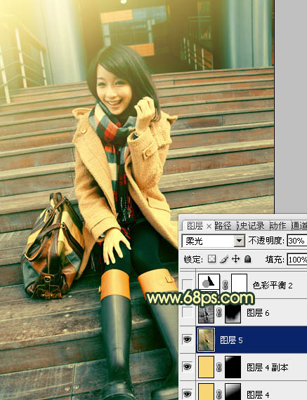 Photoshop为阶梯上的美女加上柔和的暗调橙青色效果