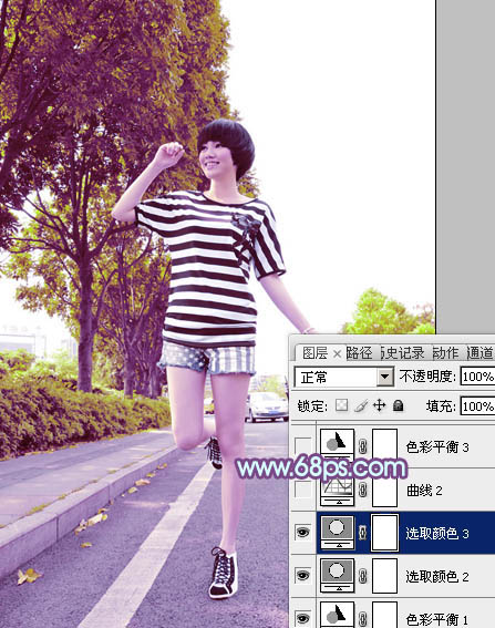 Photoshop将公路上的美女调制出清爽的紫绿色效果