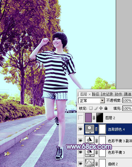 Photoshop将公路上的美女调制出清爽的紫绿色效果