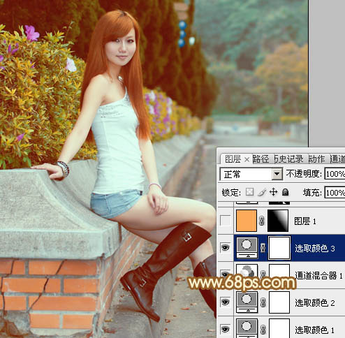 Photoshop为花坛边美女调制出非常柔和的阳光暖色效果