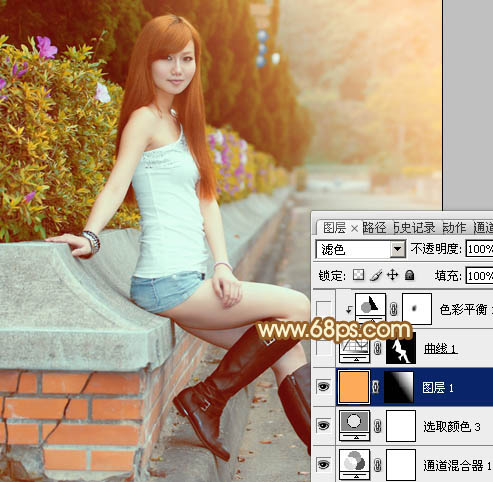 Photoshop为花坛边美女调制出非常柔和的阳光暖色效果