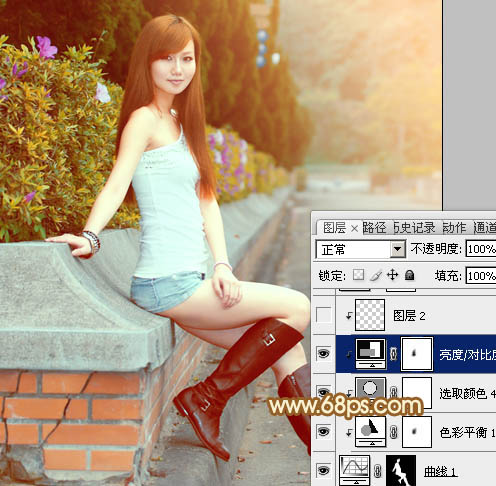 Photoshop为花坛边美女调制出非常柔和的阳光暖色效果