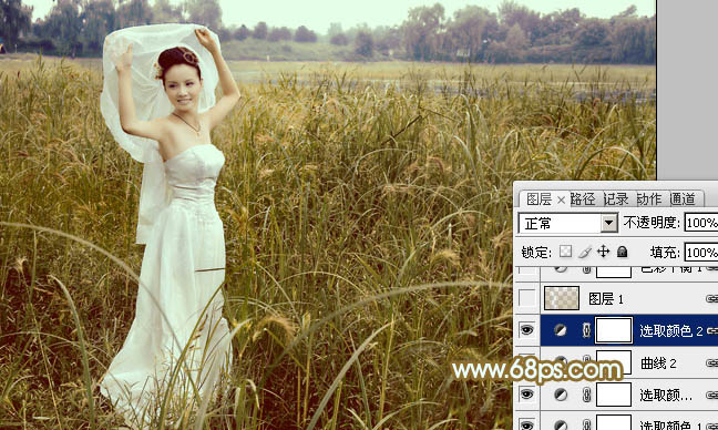 Photoshop将芦苇中的美女图片增加流行的青黄色效果