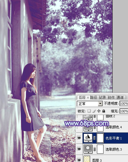 photoshop利用通道替换将房檐下美女图片增加上柔和的蓝色效果