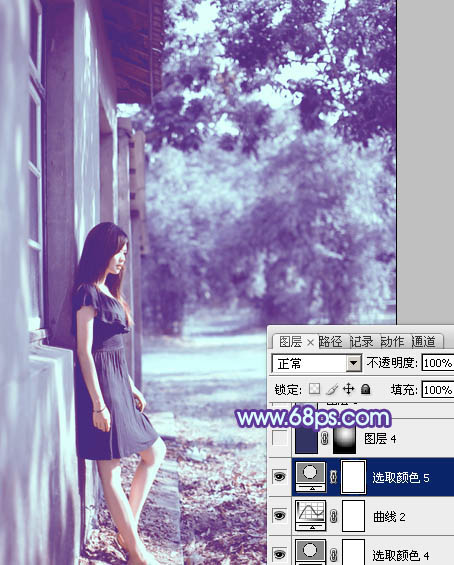 photoshop利用通道替换将房檐下美女图片增加上柔和的蓝色效果