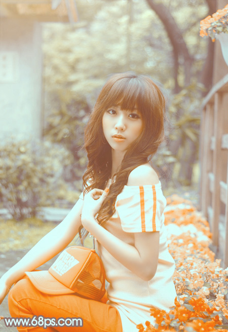 Photoshop将花坛边的美女调制出柔美的古典黄褐色效果