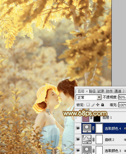 Photoshop将树林情侣图片增加上柔和秋季粉黄色