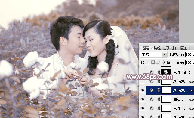 Photoshop为玫瑰园婚照调制出蓝紫中性色