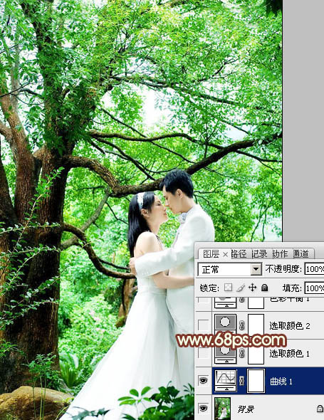 Photoshop将树林婚片调制出柔和的淡绿色