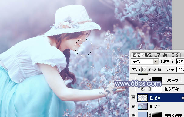 Photoshop将花草中的女孩增加上冷艳的淡调青蓝色