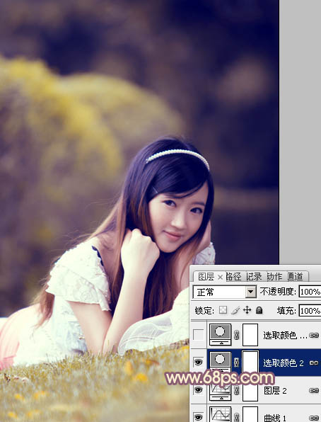 Photoshop将草地上的女孩调制出柔美的橙紫色