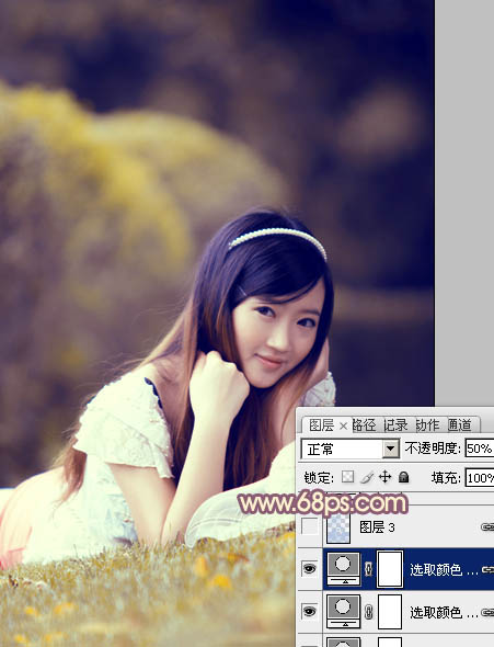 Photoshop将草地上的女孩调制出柔美的橙紫色