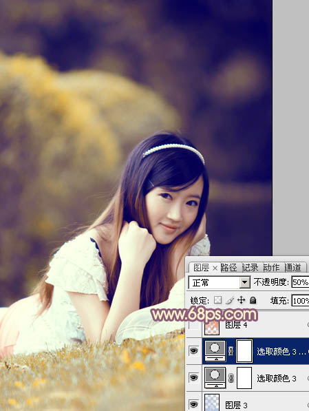Photoshop将草地上的女孩调制出柔美的橙紫色
