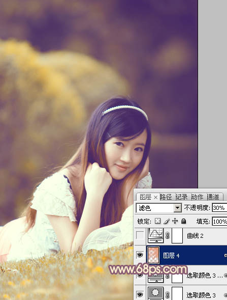 Photoshop将草地上的女孩调制出柔美的橙紫色