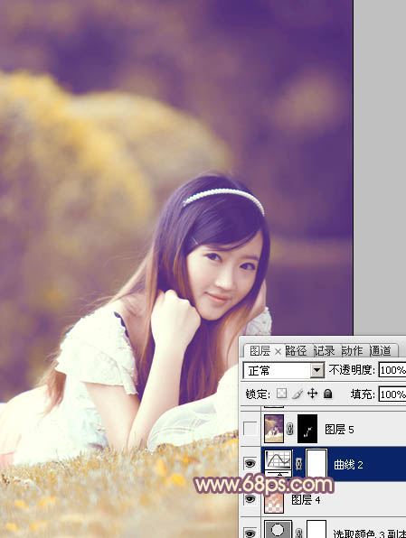 Photoshop将草地上的女孩调制出柔美的橙紫色