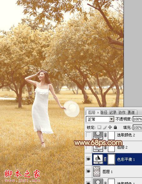 Photoshop将草地树林人物图片打造唯美的秋季淡黄色