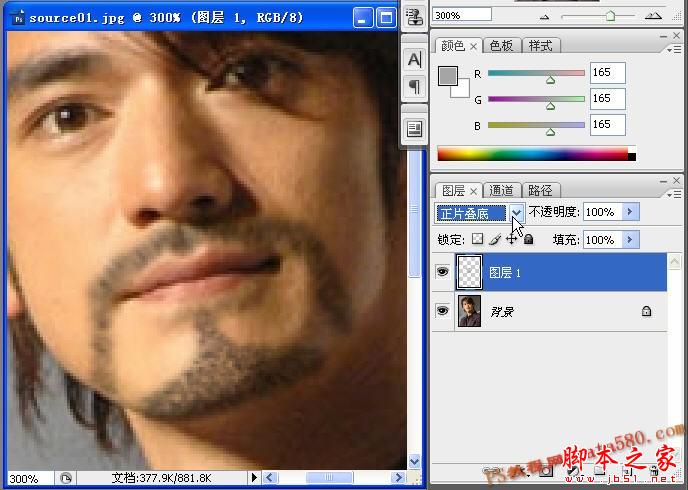 PS给帅哥照片添加逼真的胡须 【教学步骤13】 脚本之家 PS照片处理教程 photoshop给帅哥照片添加逼真的胡须