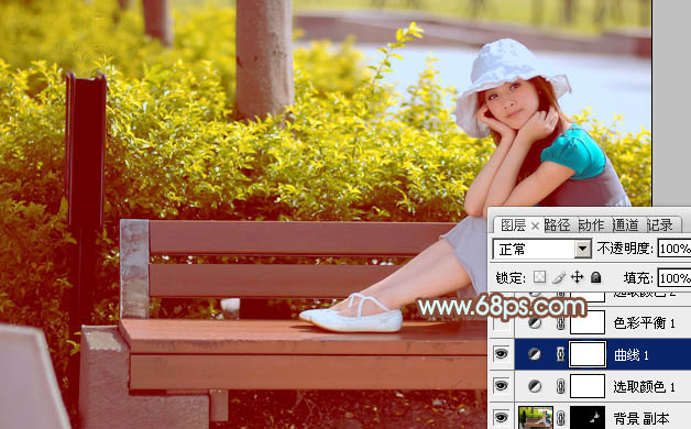 Photoshop为坐在公园椅子上的美女图片增加流行的韩系黄褐色