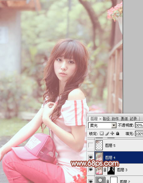 Photoshop为花坛边美女图片增加朦胧小清新的淡调红褐色