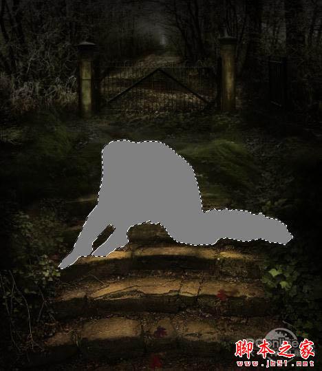 photoshop合成制作黑夜坐在石阶上提灯静坐的美女