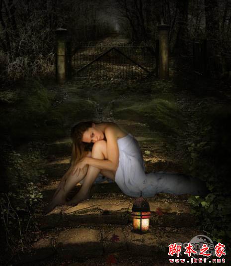 photoshop合成制作黑夜坐在石阶上提灯静坐的美女