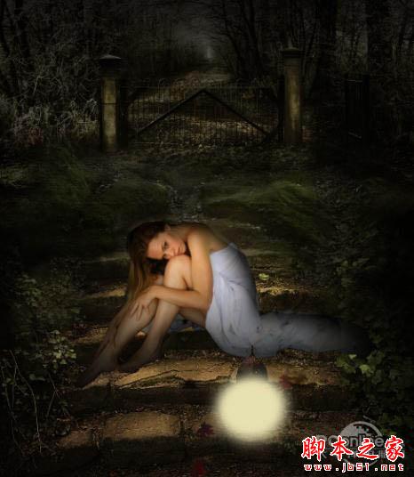 photoshop合成制作黑夜坐在石阶上提灯静坐的美女