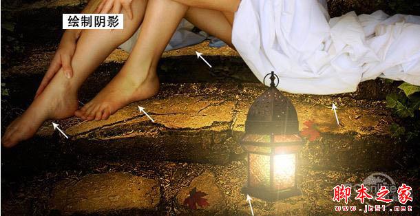 photoshop合成制作黑夜坐在石阶上提灯静坐的美女