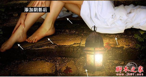 photoshop合成制作黑夜坐在石阶上提灯静坐的美女