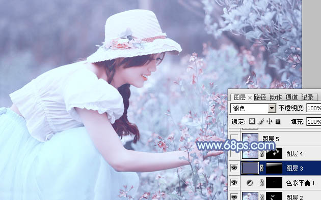 photoshop利用通道替换将花草中的美女调制出柔美的淡蓝色