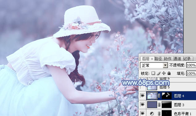 photoshop利用通道替换将花草中的美女调制出柔美的淡蓝色