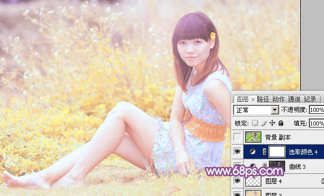 Photoshop将坐在草地上人物图片调制出淡淡的暖紫色