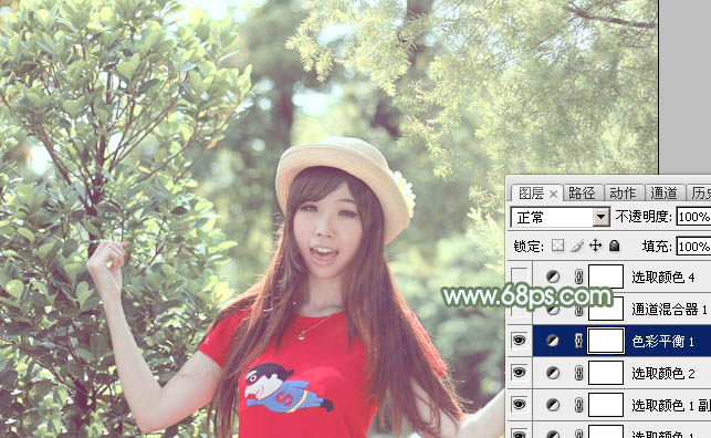 Photoshop将树林人物图片调制出淡美的小清新青绿色