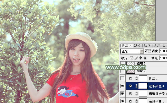 Photoshop将树林人物图片调制出淡美的小清新青绿色