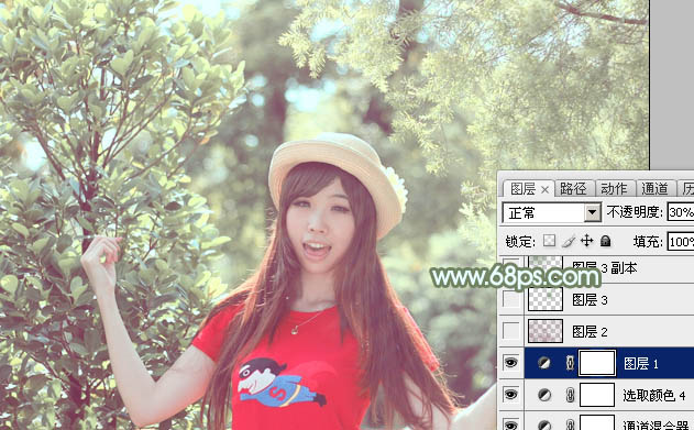 Photoshop将树林人物图片调制出淡美的小清新青绿色