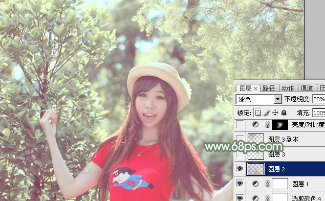 Photoshop将树林人物图片调制出淡美的小清新青绿色