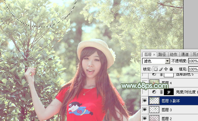 Photoshop将树林人物图片调制出淡美的小清新青绿色