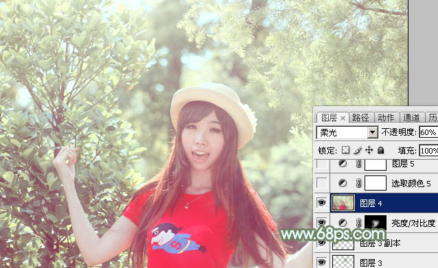 Photoshop将树林人物图片调制出淡美的小清新青绿色