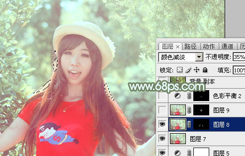 Photoshop将树林人物图片调制出淡美的小清新青绿色