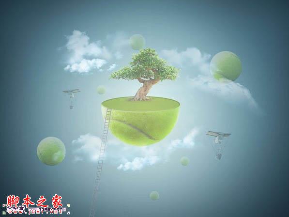 photoshop合成制作漂浮在天空的抽象星球插画