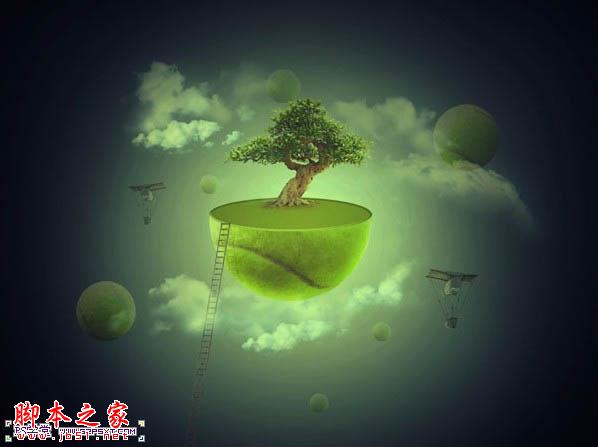 photoshop合成制作漂浮在天空的抽象星球插画