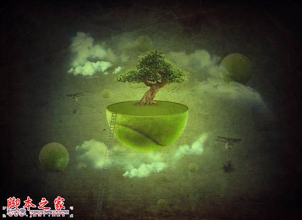 photoshop合成制作漂浮在天空的抽象星球插画