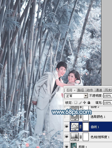 Photoshop为竹林婚片调制出梦幻复古的淡调青蓝色