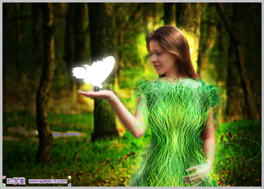 Photoshop合成制作树林中与蝴蝶交流的仙子