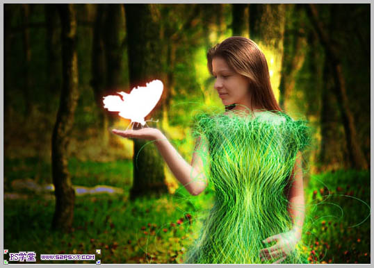 Photoshop合成制作树林中与蝴蝶交流的仙子
