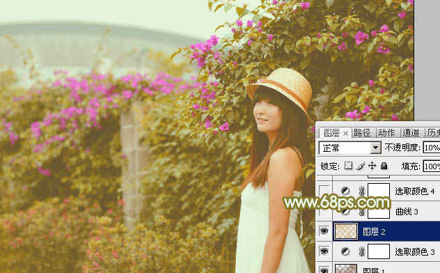 Photoshop将花草围墙边的美女图片调制柔和的韩系黄褐色