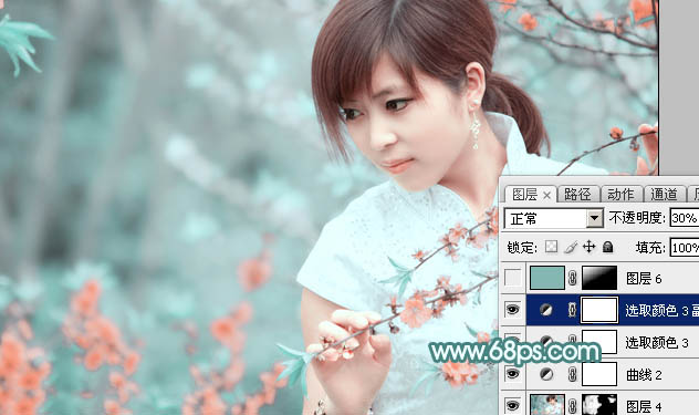 Photoshop将桃花林中的美女加上清爽的古典淡青色