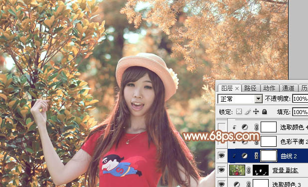 Photoshop为树林中的女孩调出小清新的绿橙色